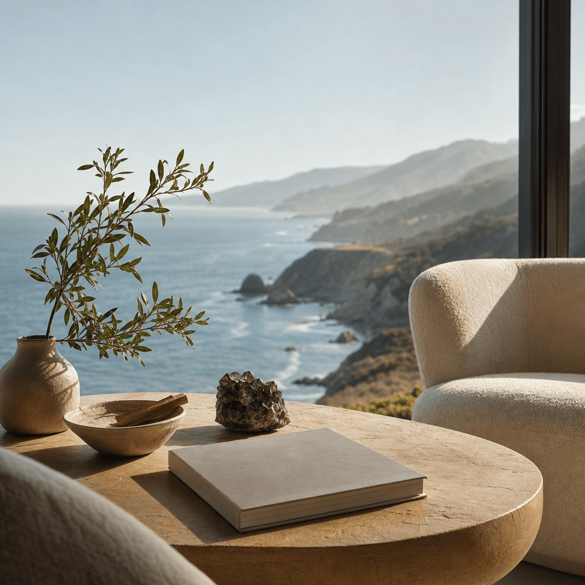 A close detail of the natural materials and finishes inside an Aster House room